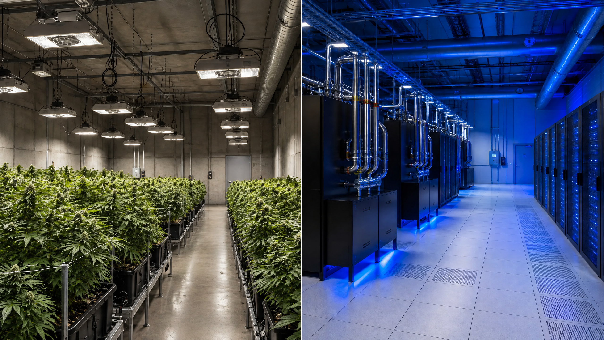 Before and after comparison: a licensed indoor cannabis cultivation room with rows of mature plants and a dedicated liquid-cooled data-center environment